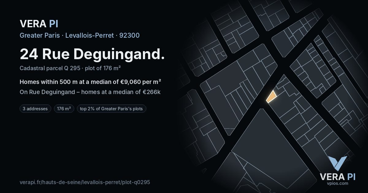 24 Rue Deguingand, Levallois-Perret at night – the plot lit, the parcels around coloured by the prices near them