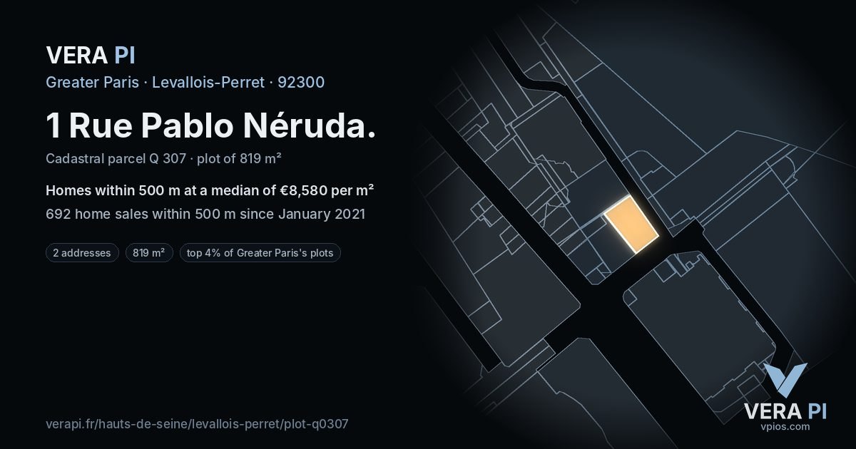 1 Rue Pablo Néruda, Levallois-Perret at night – the plot lit, the parcels around coloured by the prices near them