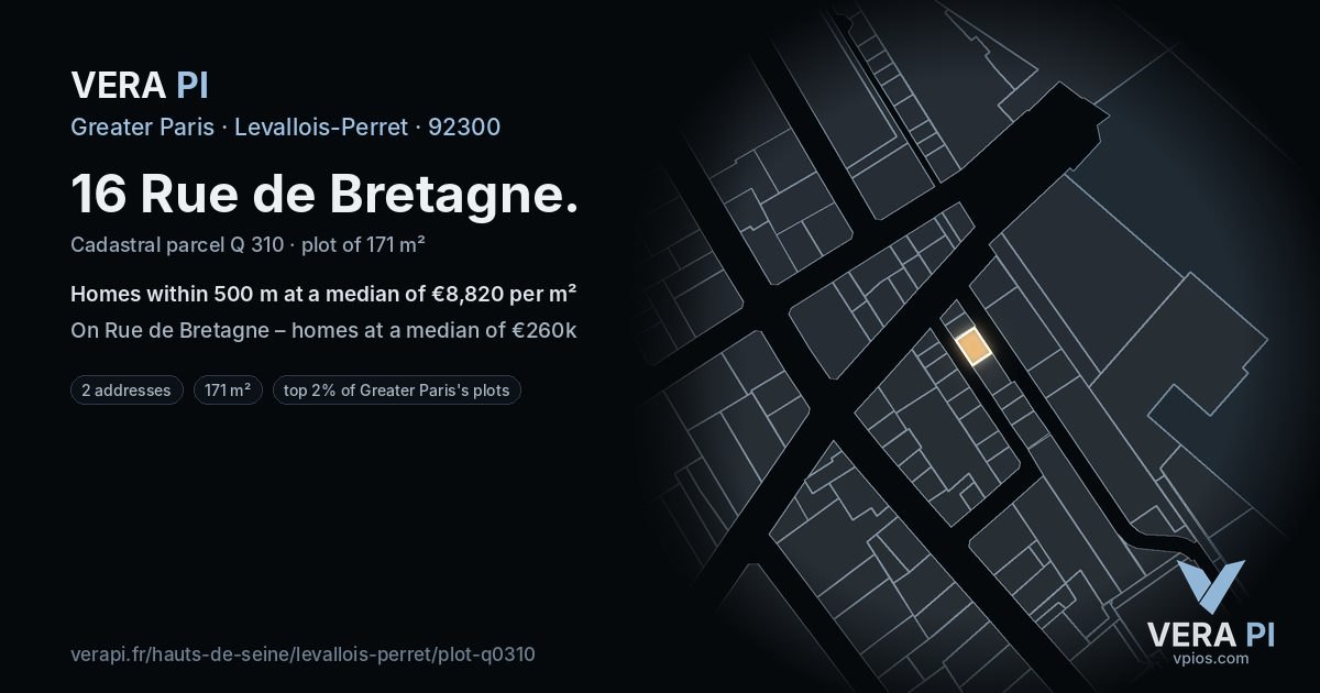 16 Rue de Bretagne, Levallois-Perret at night – the plot lit, the parcels around coloured by the prices near them