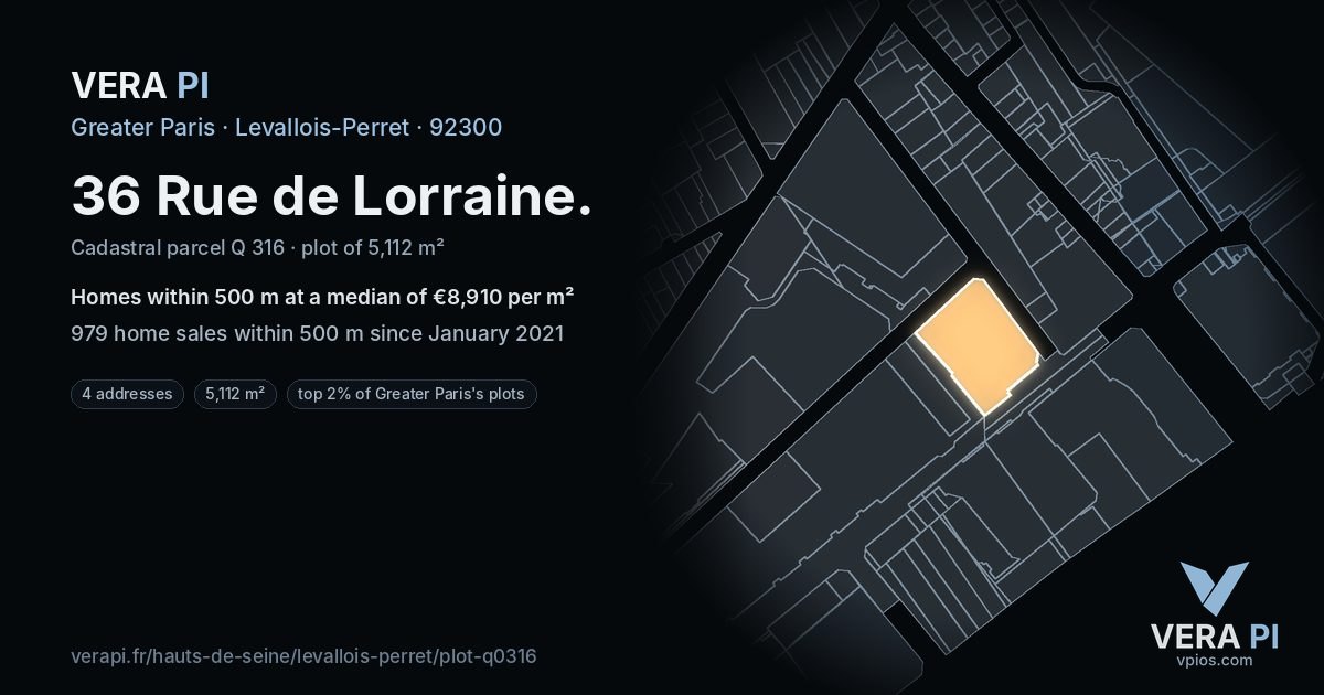 36 Rue de Lorraine, Levallois-Perret at night – the plot lit, the parcels around coloured by the prices near them
