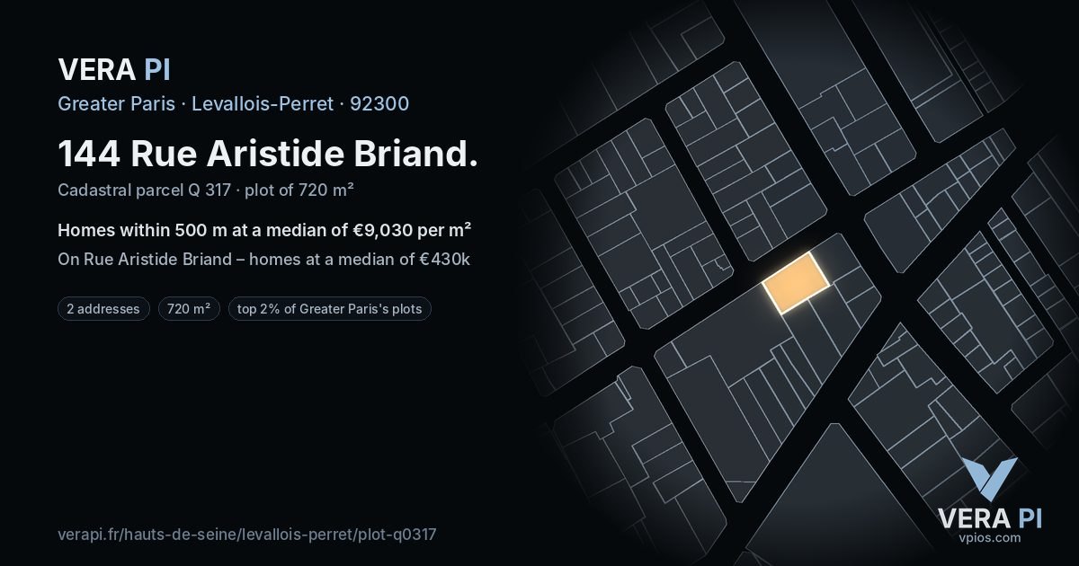 144 Rue Aristide Briand, Levallois-Perret at night – the plot lit, the parcels around coloured by the prices near them