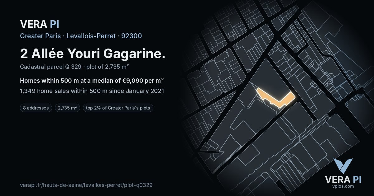 2 Allée Youri Gagarine, Levallois-Perret at night – the plot lit, the parcels around coloured by the prices near them