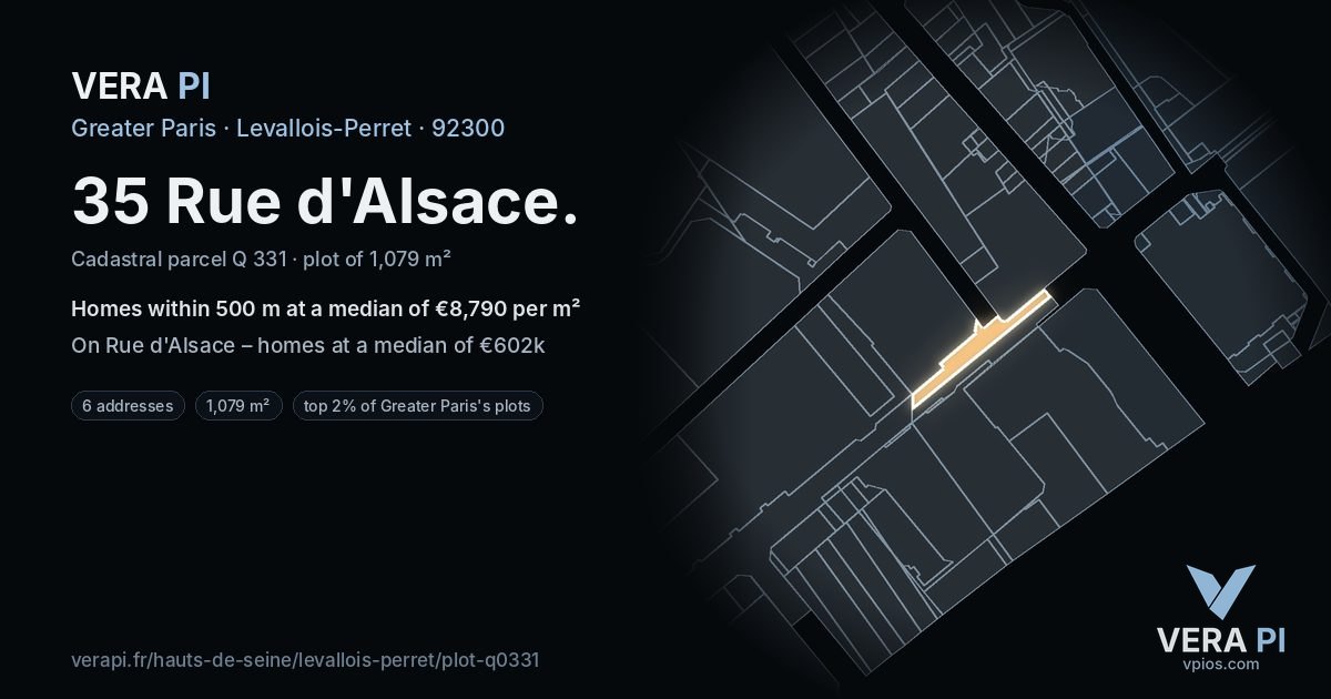 35 Rue d'Alsace, Levallois-Perret at night – the plot lit, the parcels around coloured by the prices near them