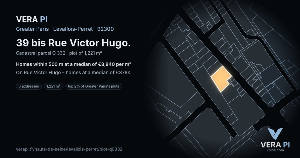 39 bis Rue Victor Hugo, Levallois-Perret at night – the plot lit, the parcels around coloured by the prices near them