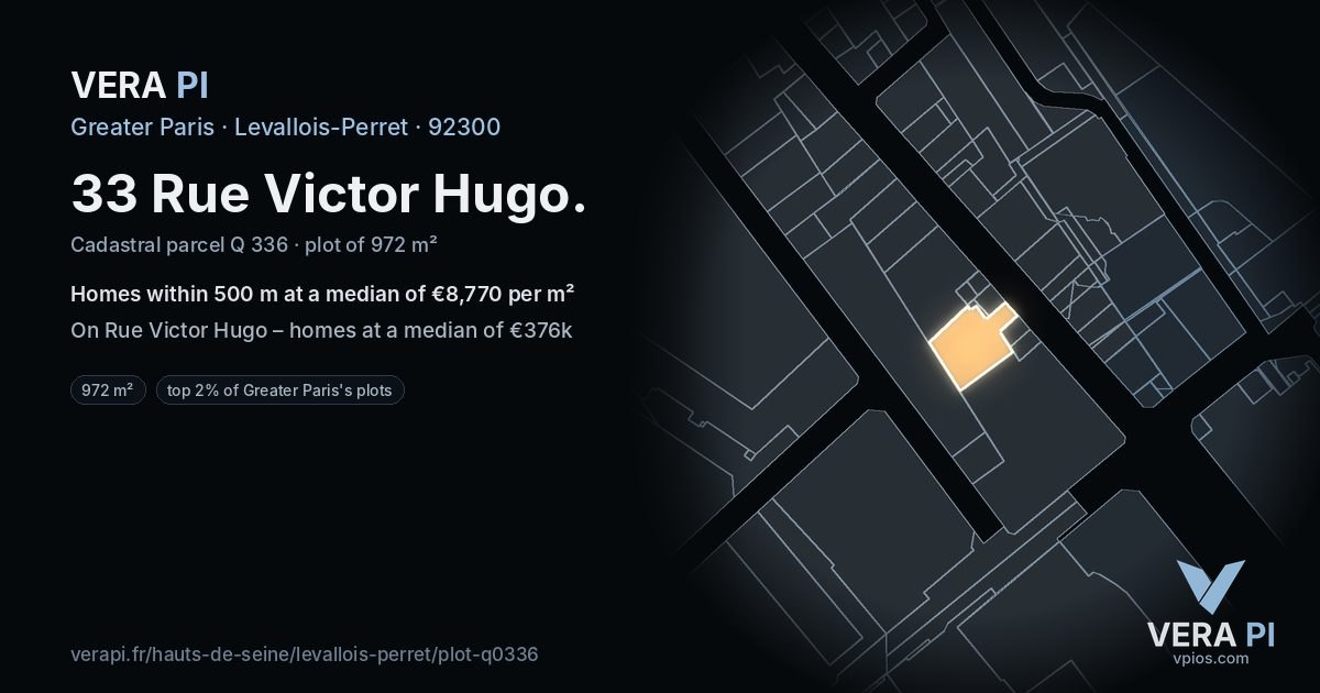 33 Rue Victor Hugo, Levallois-Perret at night – the plot lit, the parcels around coloured by the prices near them