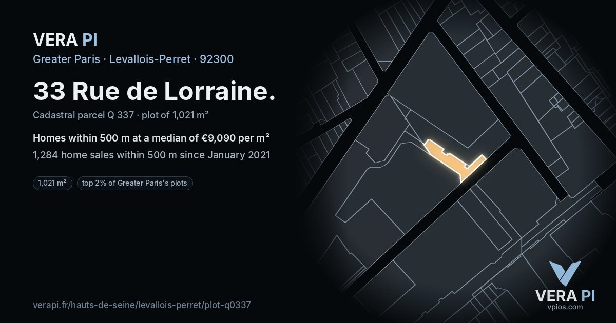 33 Rue de Lorraine, Levallois-Perret at night – the plot lit, the parcels around coloured by the prices near them