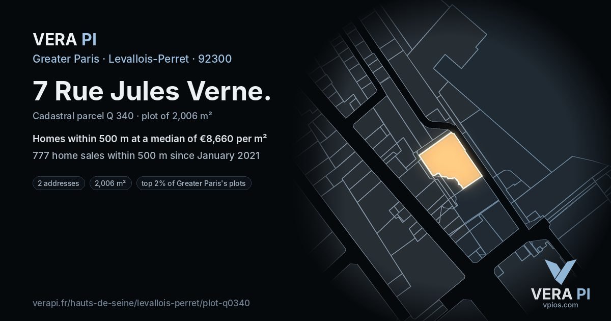 7 Rue Jules Verne, Levallois-Perret at night – the plot lit, the parcels around coloured by the prices near them