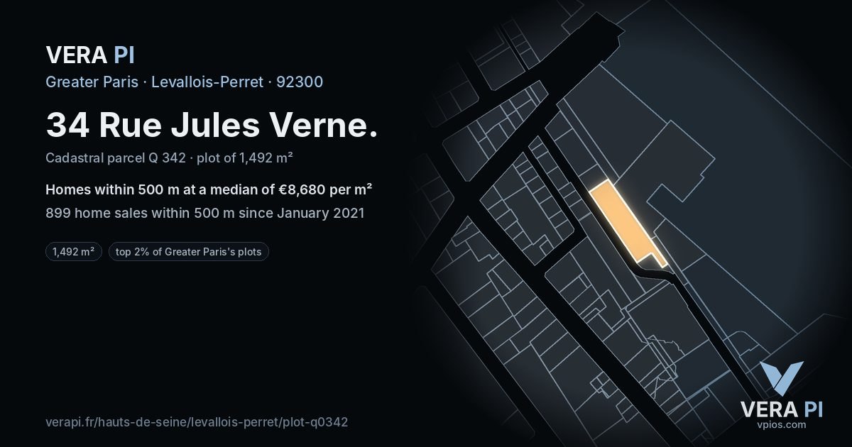 34 Rue Jules Verne, Levallois-Perret at night – the plot lit, the parcels around coloured by the prices near them