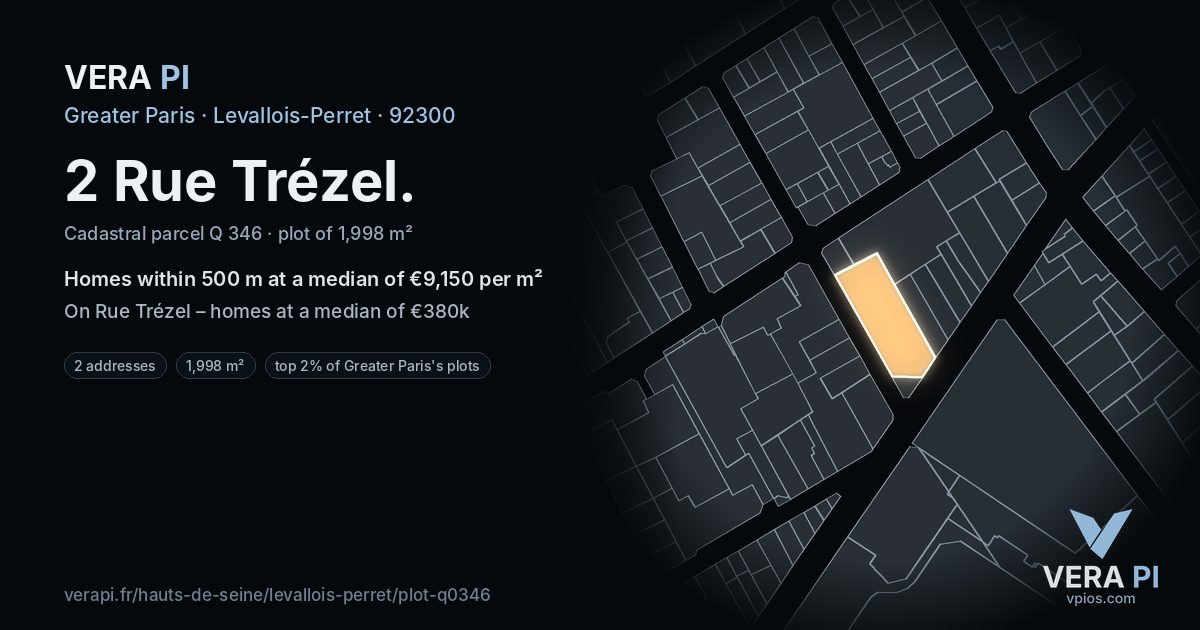 2 Rue Trézel, Levallois-Perret at night – the plot lit, the parcels around coloured by the prices near them
