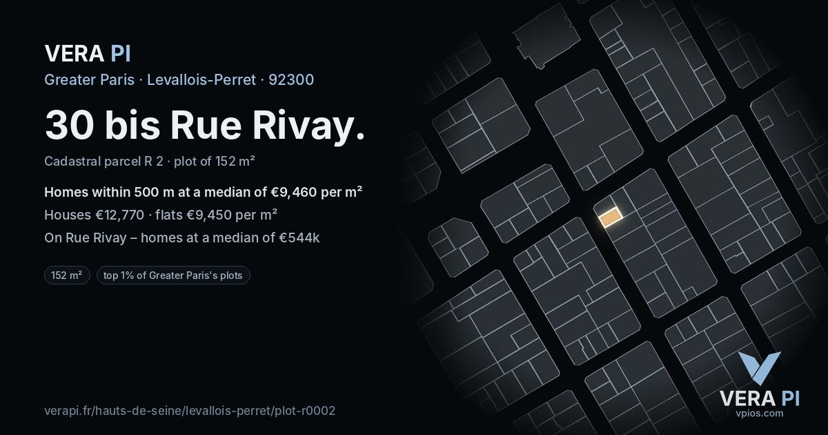 30 bis Rue Rivay, Levallois-Perret at night – the plot lit, the parcels around coloured by the prices near them