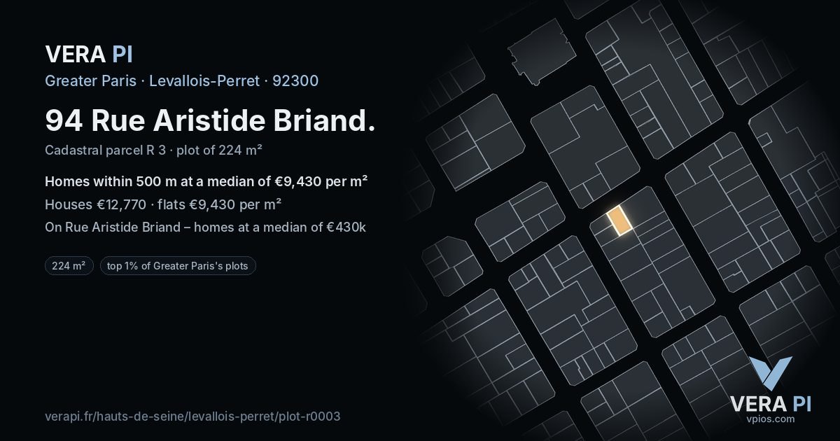 94 Rue Aristide Briand, Levallois-Perret at night – the plot lit, the parcels around coloured by the prices near them