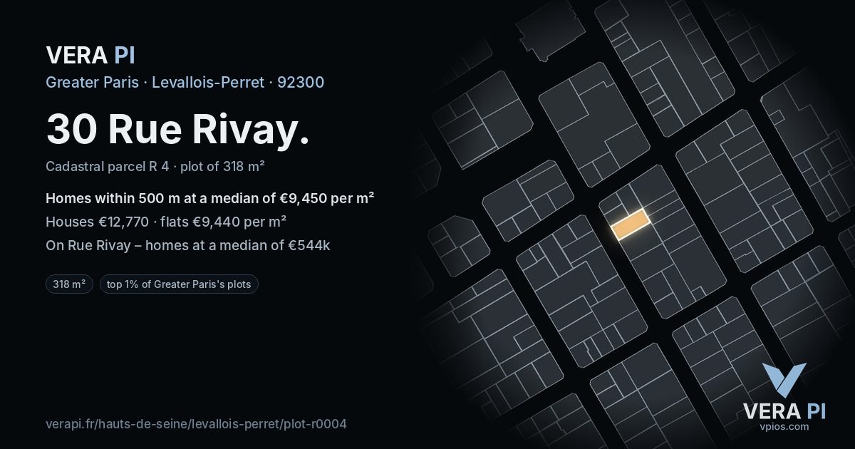 30 Rue Rivay, Levallois-Perret at night – the plot lit, the parcels around coloured by the prices near them