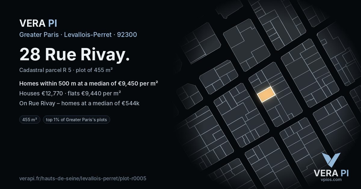 28 Rue Rivay, Levallois-Perret at night – the plot lit, the parcels around coloured by the prices near them