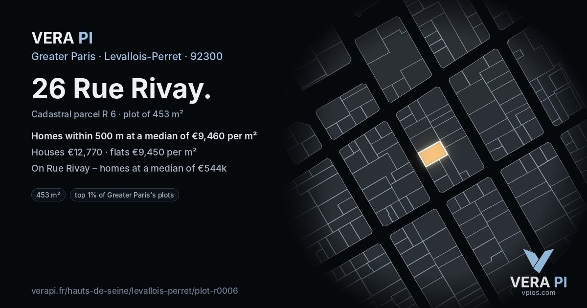 26 Rue Rivay, Levallois-Perret at night – the plot lit, the parcels around coloured by the prices near them