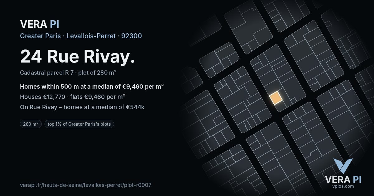24 Rue Rivay, Levallois-Perret at night – the plot lit, the parcels around coloured by the prices near them
