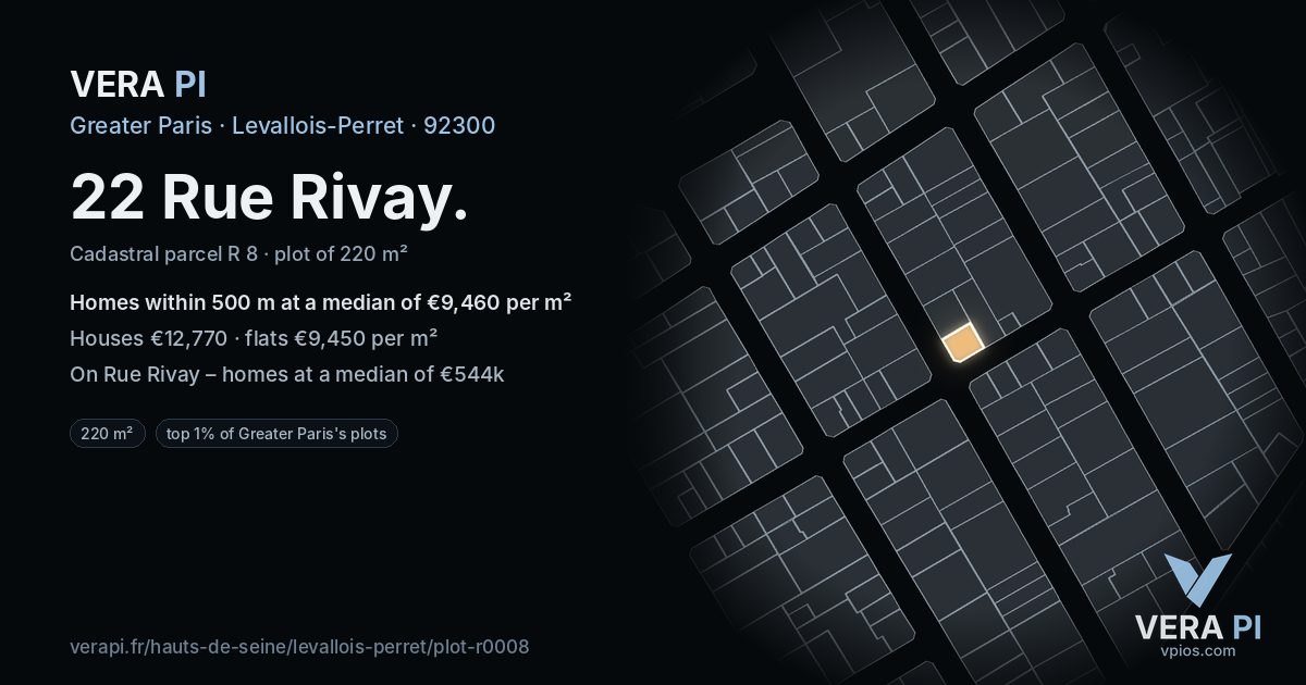 22 Rue Rivay, Levallois-Perret at night – the plot lit, the parcels around coloured by the prices near them