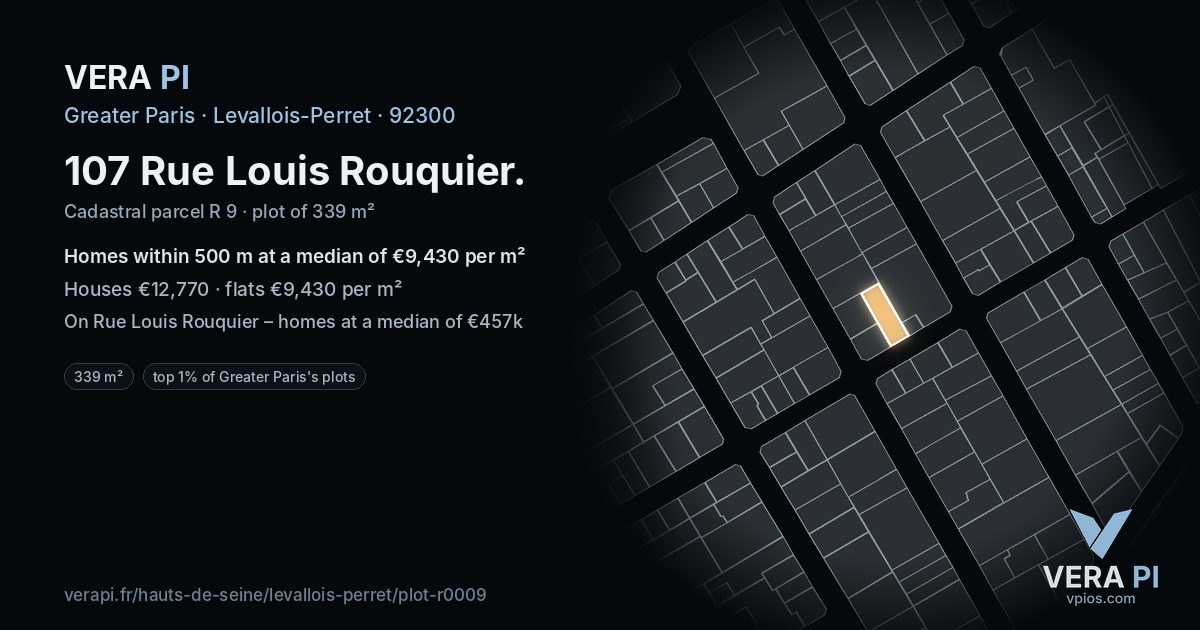 107 Rue Louis Rouquier, Levallois-Perret at night – the plot lit, the parcels around coloured by the prices near them