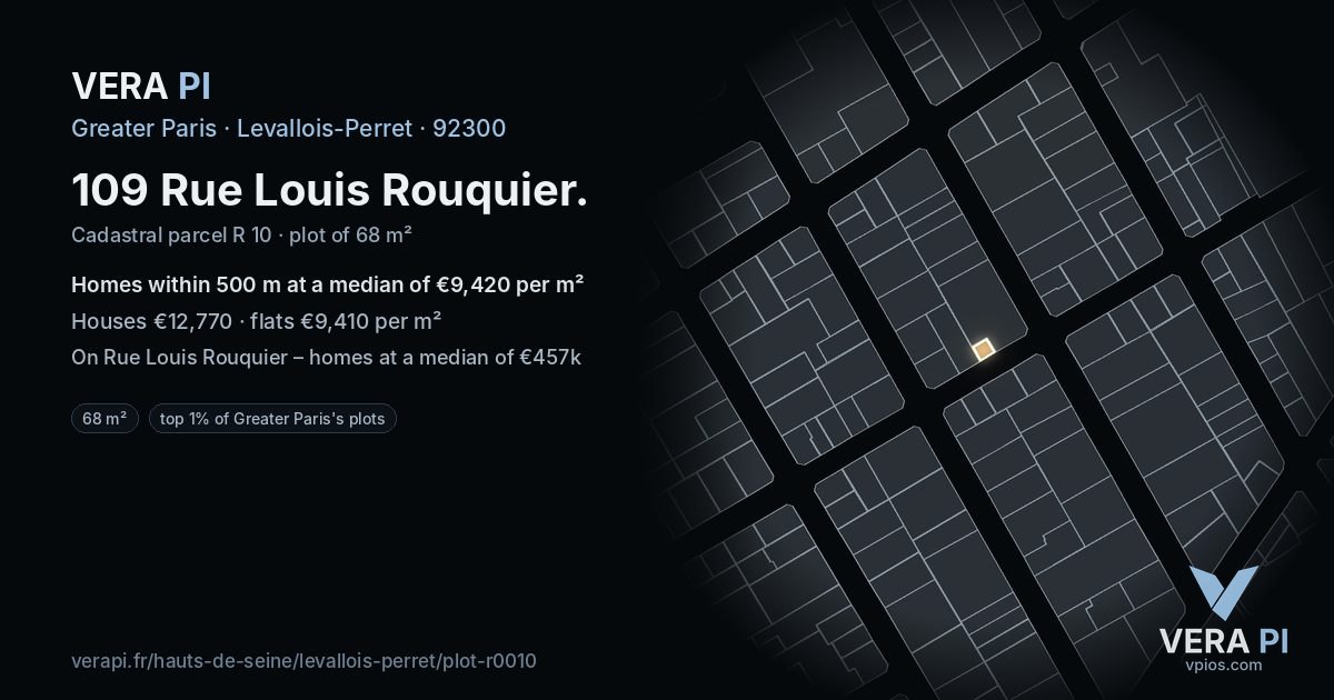 109 Rue Louis Rouquier, Levallois-Perret at night – the plot lit, the parcels around coloured by the prices near them