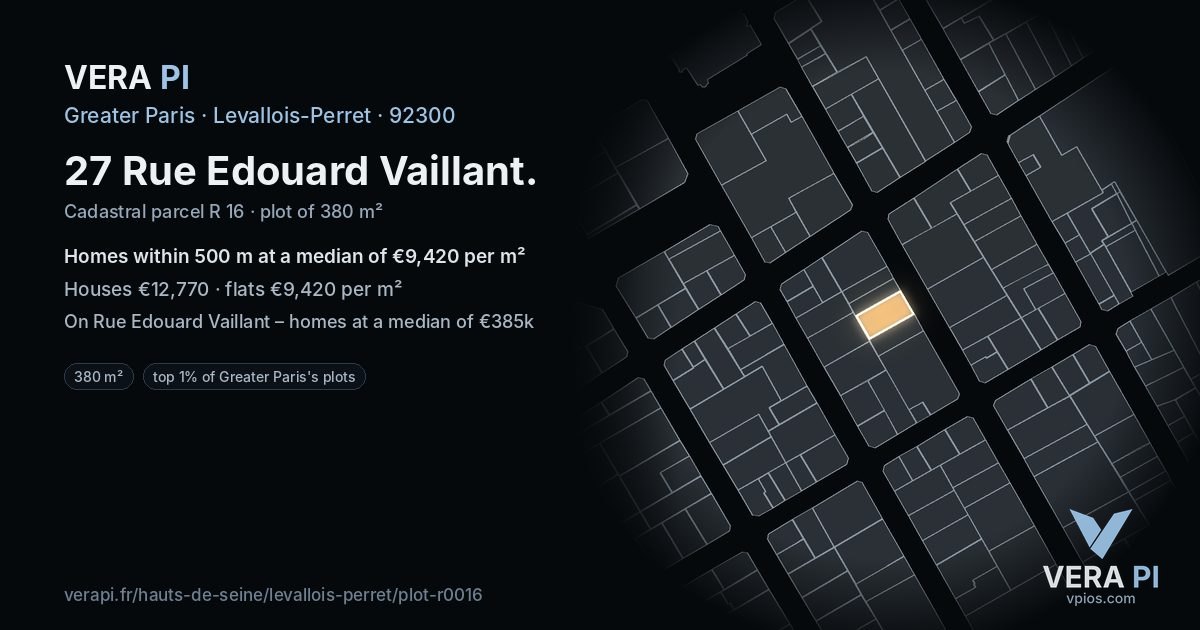 27 Rue Edouard Vaillant, Levallois-Perret at night – the plot lit, the parcels around coloured by the prices near them