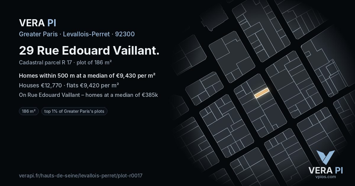 29 Rue Edouard Vaillant, Levallois-Perret at night – the plot lit, the parcels around coloured by the prices near them