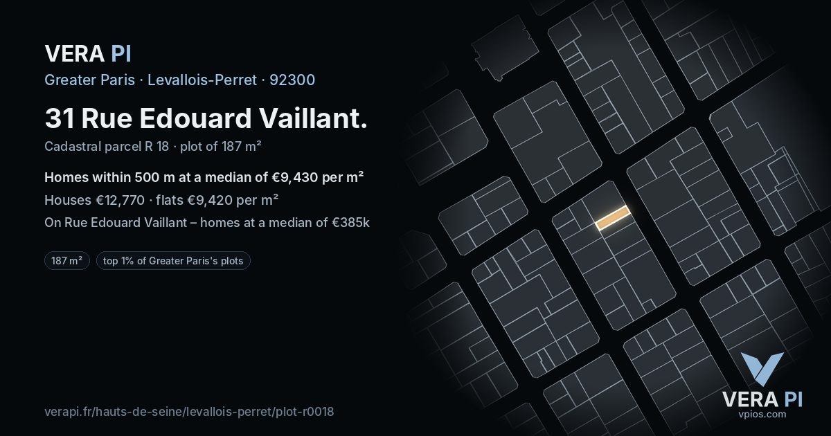 31 Rue Edouard Vaillant, Levallois-Perret at night – the plot lit, the parcels around coloured by the prices near them