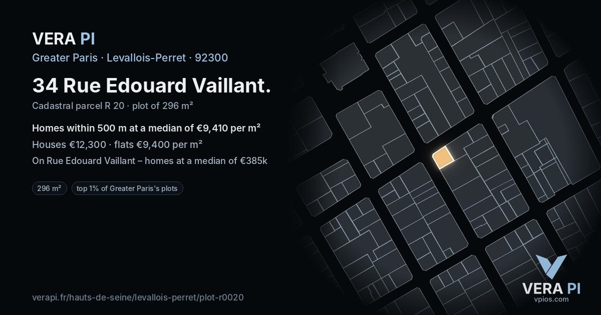 34 Rue Edouard Vaillant, Levallois-Perret at night – the plot lit, the parcels around coloured by the prices near them
