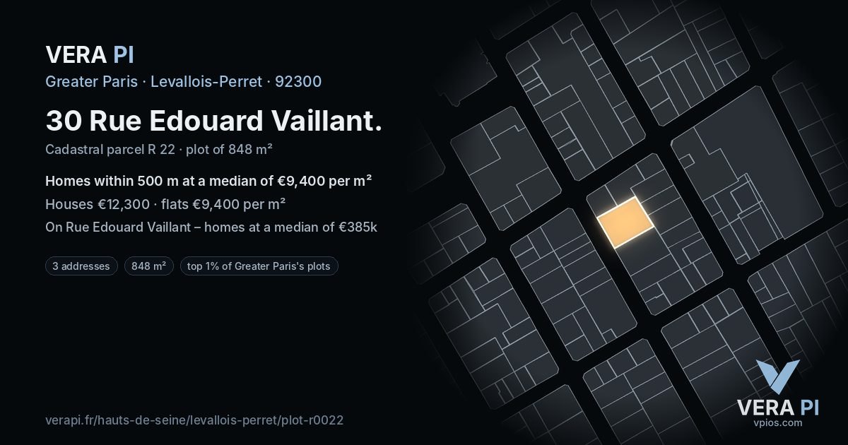 30 Rue Edouard Vaillant, Levallois-Perret at night – the plot lit, the parcels around coloured by the prices near them