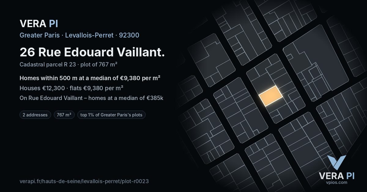 26 Rue Edouard Vaillant, Levallois-Perret at night – the plot lit, the parcels around coloured by the prices near them