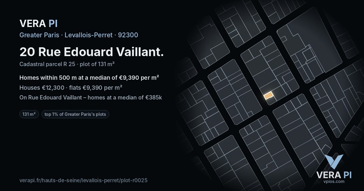 20 Rue Edouard Vaillant, Levallois-Perret at night – the plot lit, the parcels around coloured by the prices near them