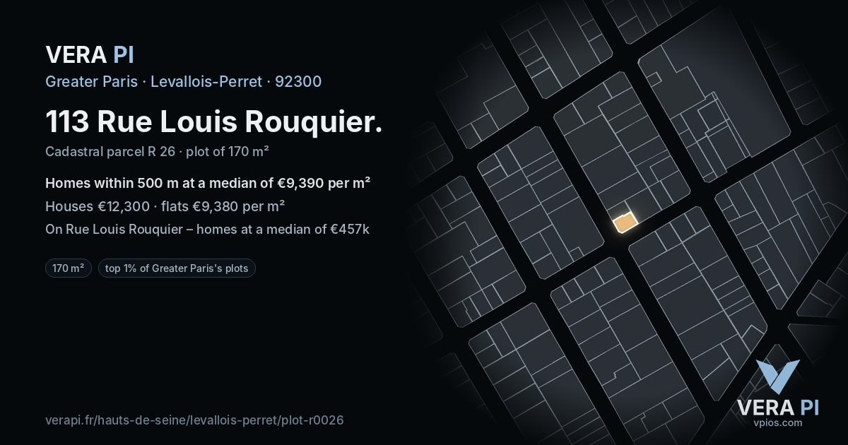 113 Rue Louis Rouquier, Levallois-Perret at night – the plot lit, the parcels around coloured by the prices near them