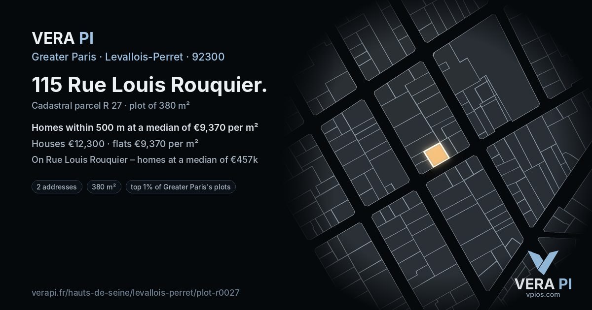 115 Rue Louis Rouquier, Levallois-Perret at night – the plot lit, the parcels around coloured by the prices near them