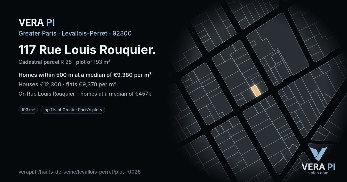 117 Rue Louis Rouquier, Levallois-Perret at night – the plot lit, the parcels around coloured by the prices near them