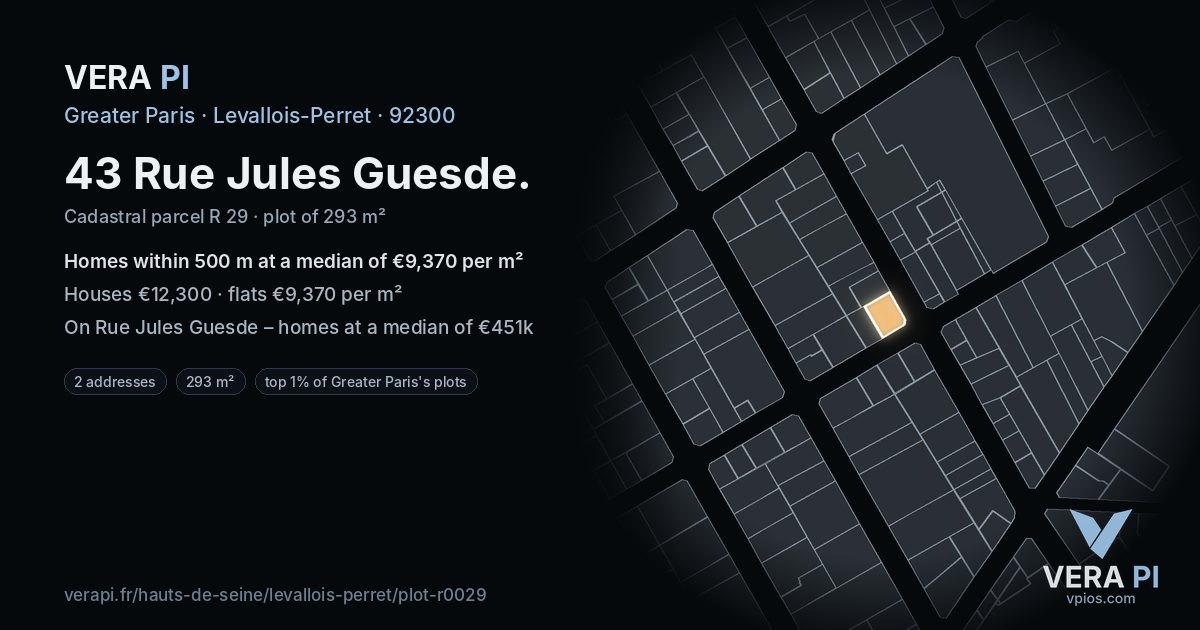 43 Rue Jules Guesde, Levallois-Perret at night – the plot lit, the parcels around coloured by the prices near them