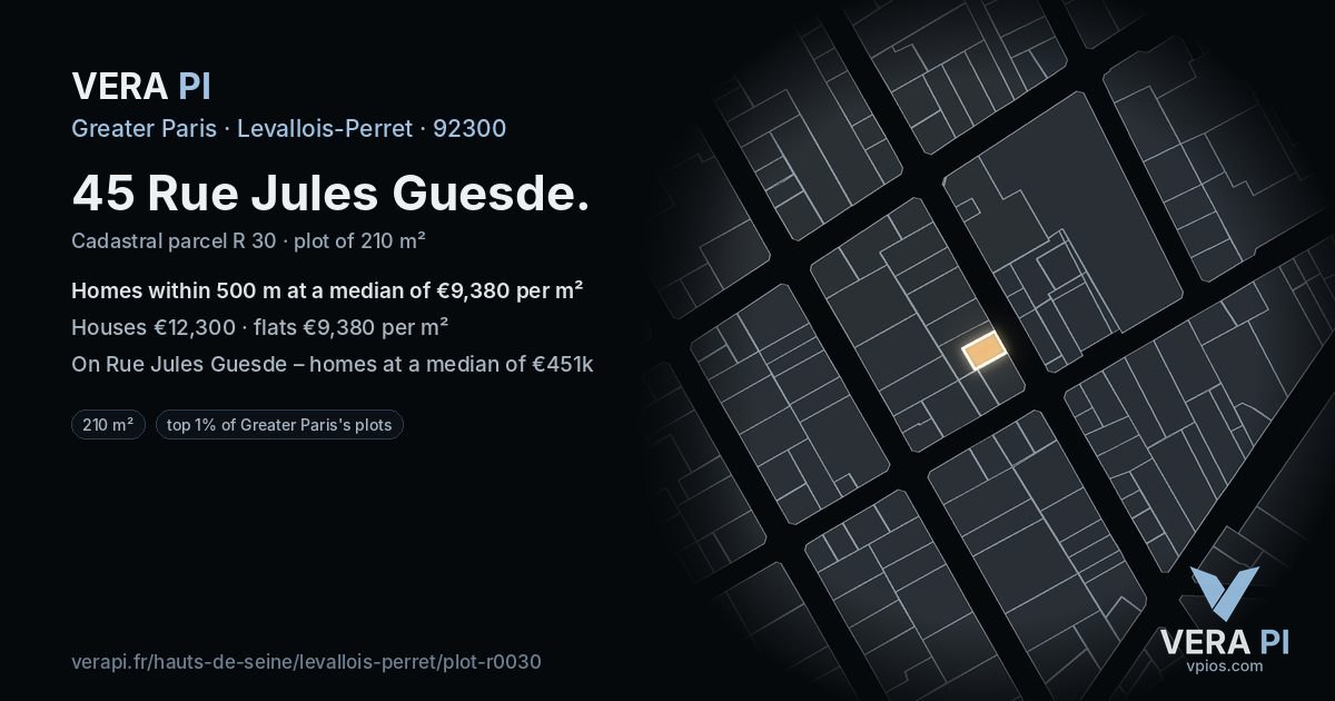 45 Rue Jules Guesde, Levallois-Perret at night – the plot lit, the parcels around coloured by the prices near them