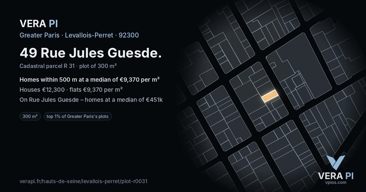 49 Rue Jules Guesde, Levallois-Perret at night – the plot lit, the parcels around coloured by the prices near them