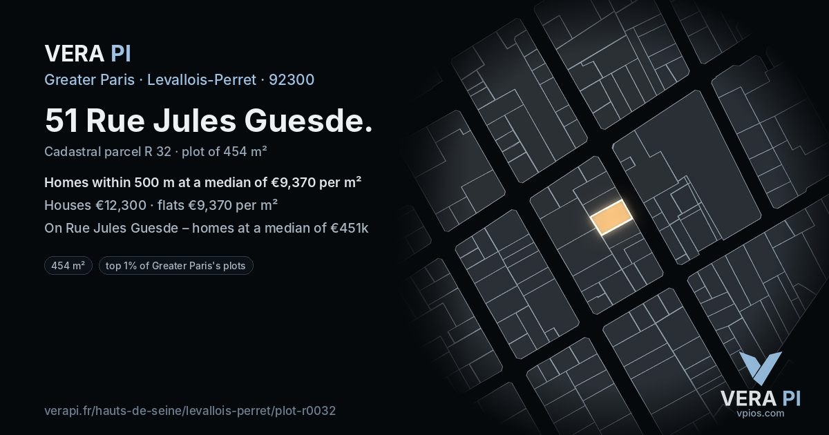 51 Rue Jules Guesde, Levallois-Perret at night – the plot lit, the parcels around coloured by the prices near them