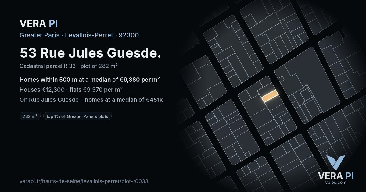 53 Rue Jules Guesde, Levallois-Perret at night – the plot lit, the parcels around coloured by the prices near them