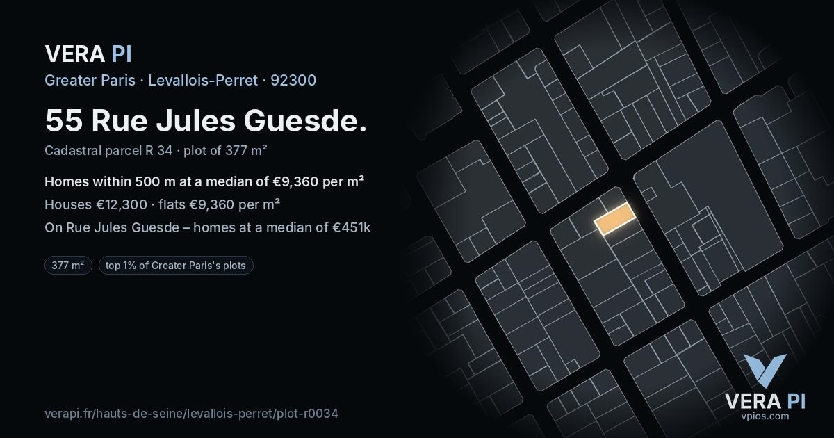 55 Rue Jules Guesde, Levallois-Perret at night – the plot lit, the parcels around coloured by the prices near them