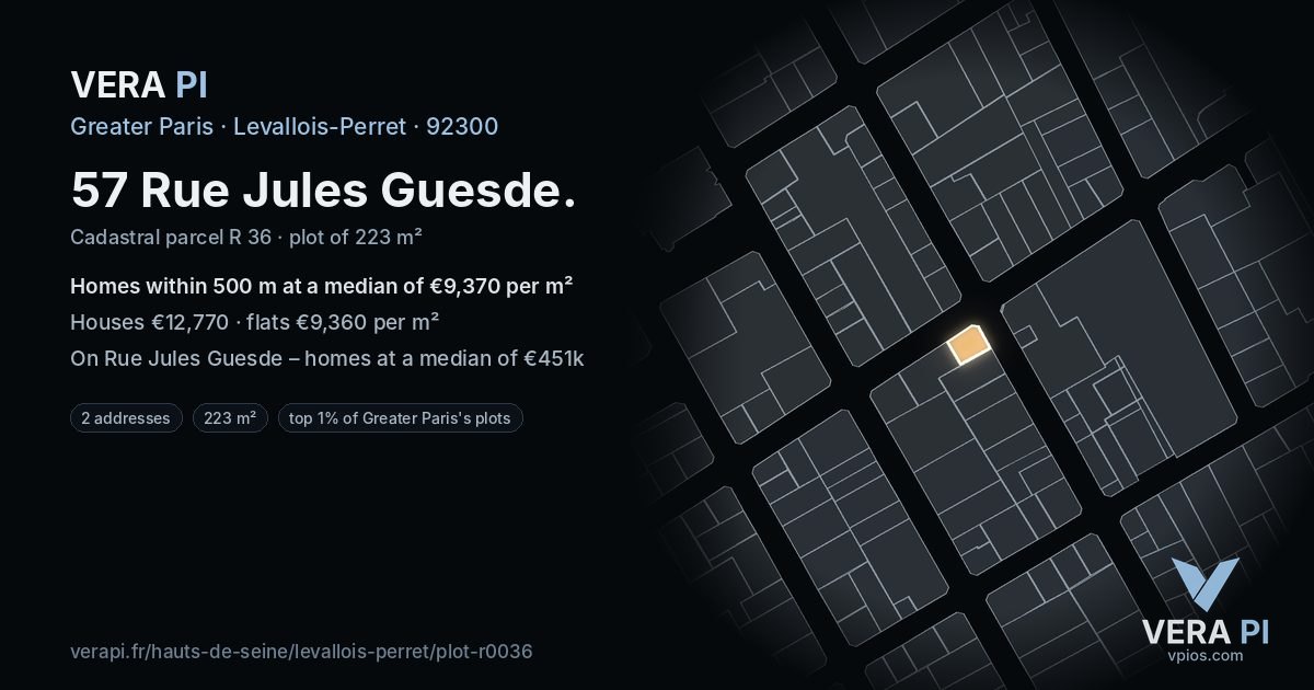 57 Rue Jules Guesde, Levallois-Perret at night – the plot lit, the parcels around coloured by the prices near them