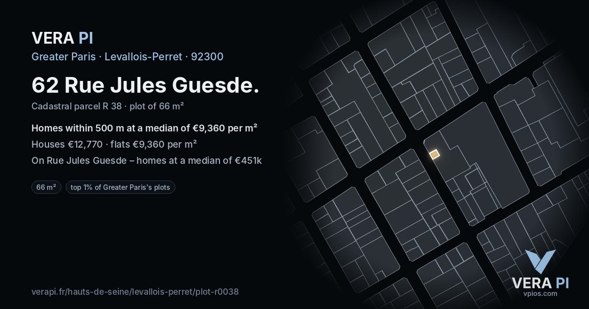62 Rue Jules Guesde, Levallois-Perret at night – the plot lit, the parcels around coloured by the prices near them
