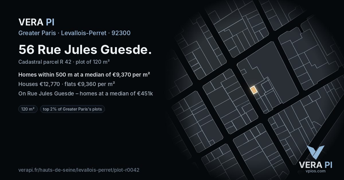 56 Rue Jules Guesde, Levallois-Perret at night – the plot lit, the parcels around coloured by the prices near them
