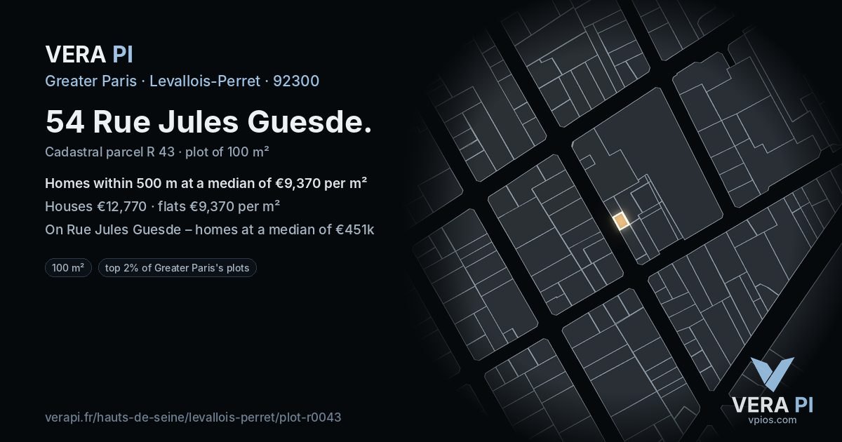 54 Rue Jules Guesde, Levallois-Perret at night – the plot lit, the parcels around coloured by the prices near them
