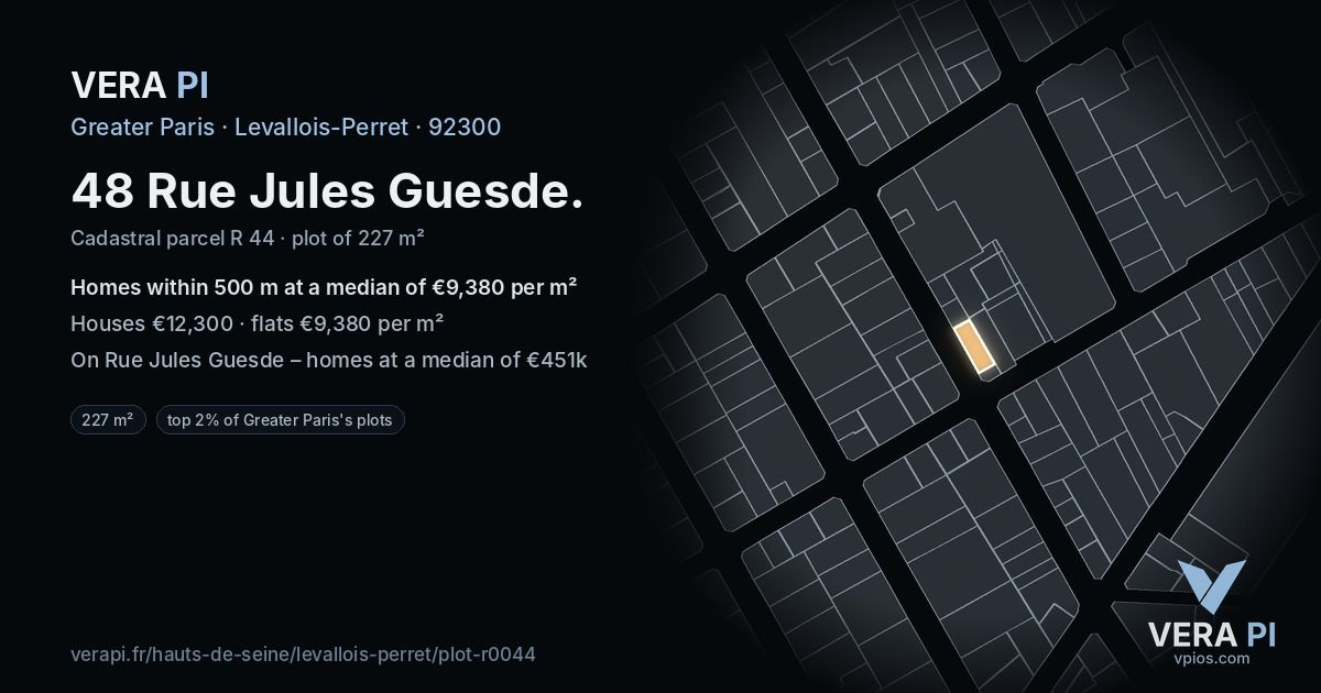 48 Rue Jules Guesde, Levallois-Perret at night – the plot lit, the parcels around coloured by the prices near them