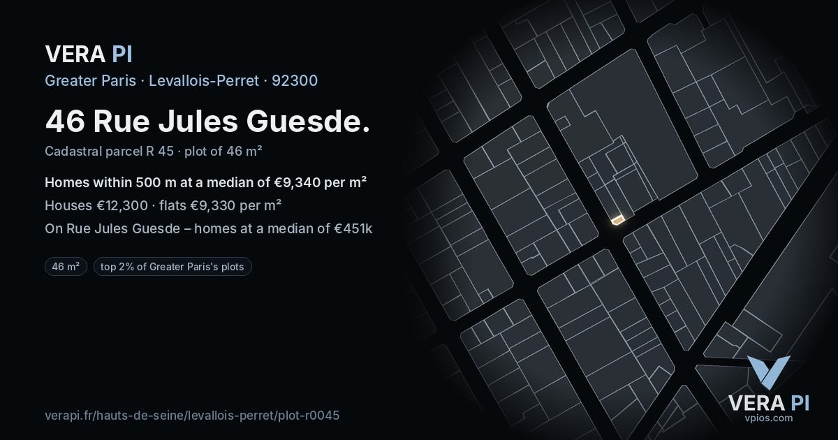 46 Rue Jules Guesde, Levallois-Perret at night – the plot lit, the parcels around coloured by the prices near them
