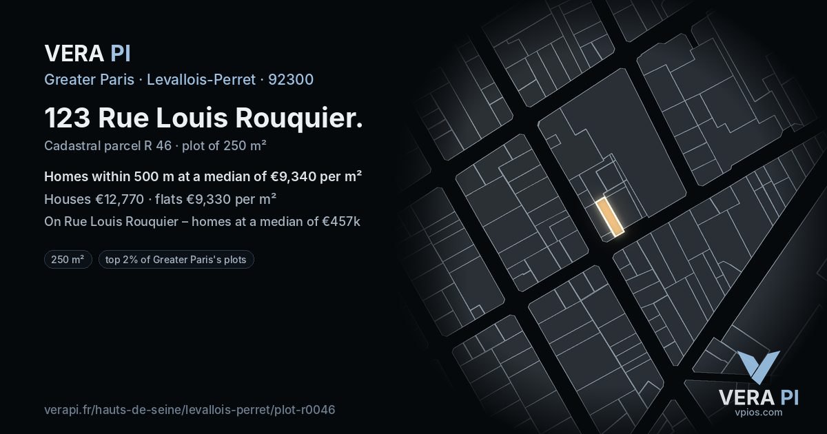123 Rue Louis Rouquier, Levallois-Perret at night – the plot lit, the parcels around coloured by the prices near them