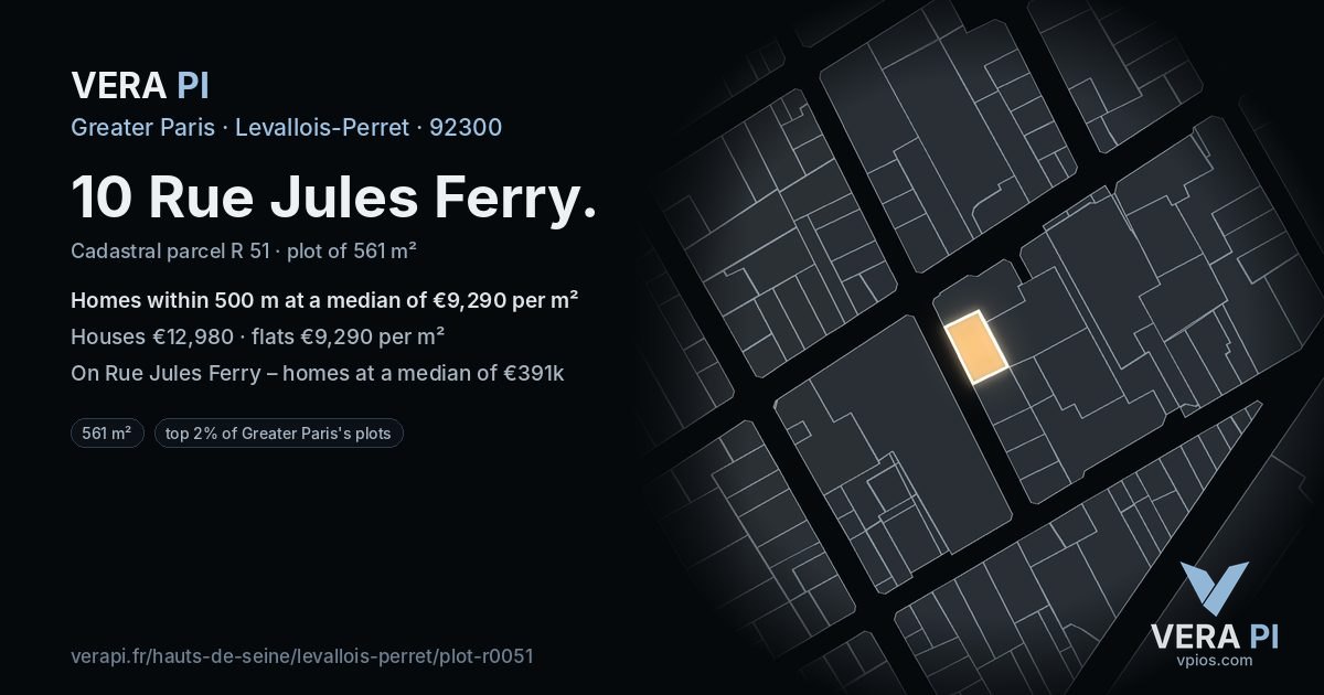 10 Rue Jules Ferry, Levallois-Perret at night – the plot lit, the parcels around coloured by the prices near them