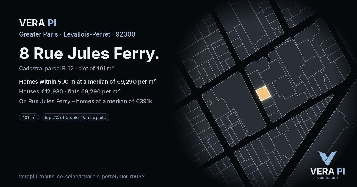 8 Rue Jules Ferry, Levallois-Perret at night – the plot lit, the parcels around coloured by the prices near them