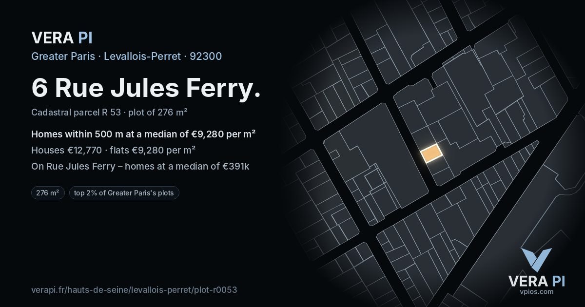 6 Rue Jules Ferry, Levallois-Perret at night – the plot lit, the parcels around coloured by the prices near them