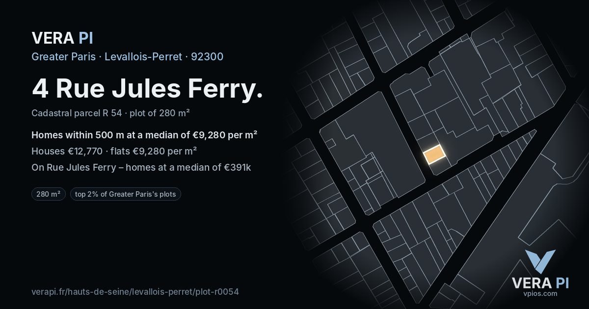 4 Rue Jules Ferry, Levallois-Perret at night – the plot lit, the parcels around coloured by the prices near them