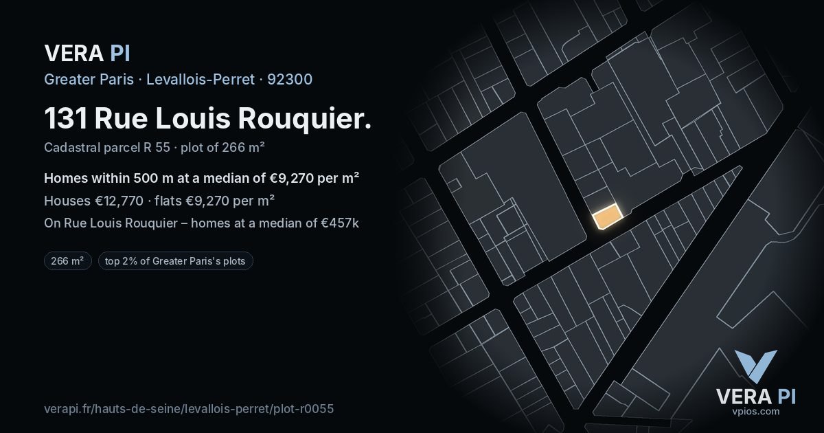 131 Rue Louis Rouquier, Levallois-Perret at night – the plot lit, the parcels around coloured by the prices near them
